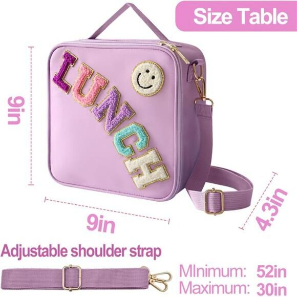 Insulated Lunch Bag Purple Nylon Tote Shoulder Strap Reusable for School Work - Picture 3 of 7